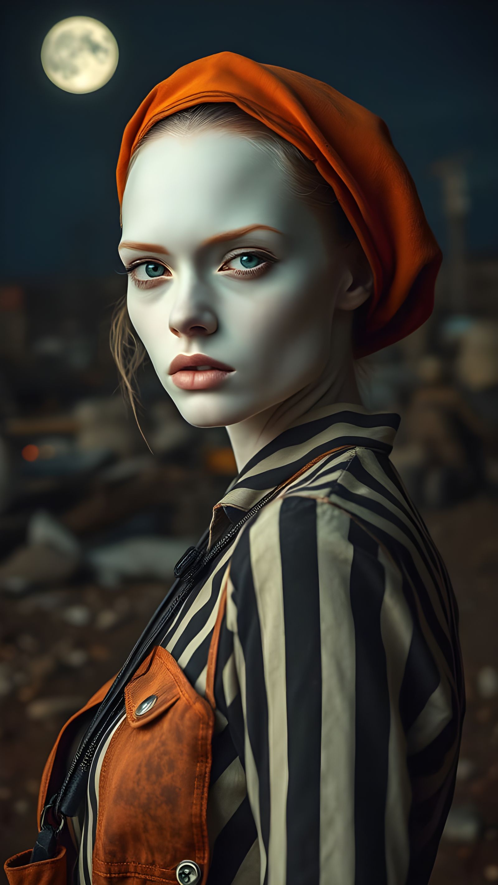 Hyper-Realistic Fashion Model in Surreal Moonlit Scene