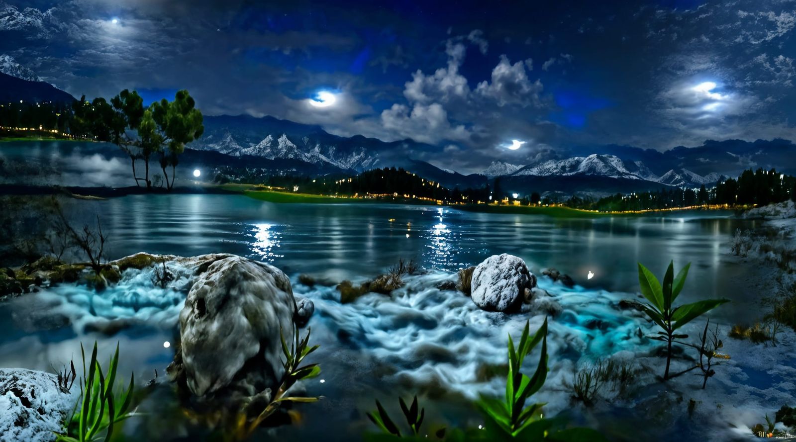 Majestic Midnight Lake Under Bluish Moonlight