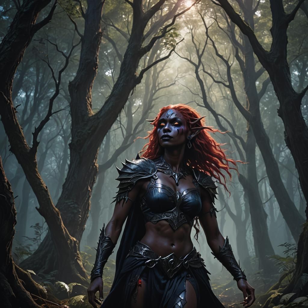 Mysterious Dark Fantasy Drow Elf Goddess with Red Hair and B...