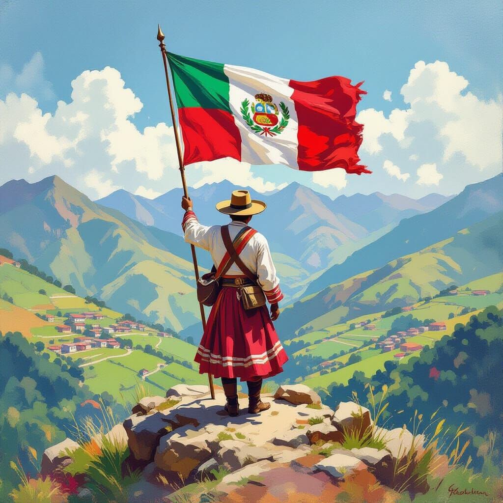 Peruvian Man with Flag, Gouache and Watercolor Style