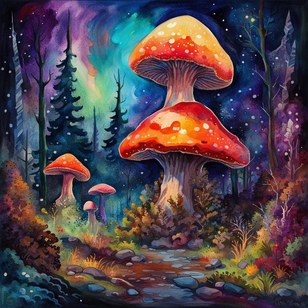 Ethereal Gothic Forest of Giant Glowing Mushrooms