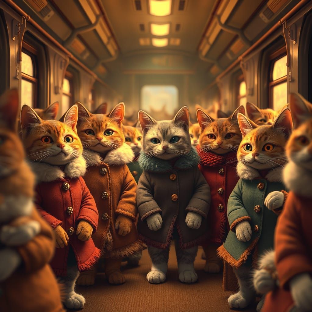 Cats in Winter Coats on a Train, 3D Anime Art