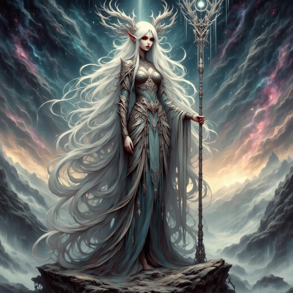 Elven Goddess in Silver Armor on Crystal Peak