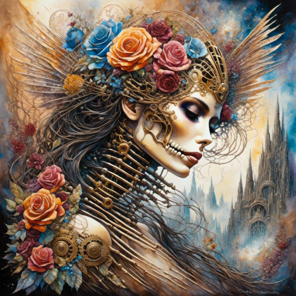 Steampunk Skeleton Watercolor with Roses and Skulls
