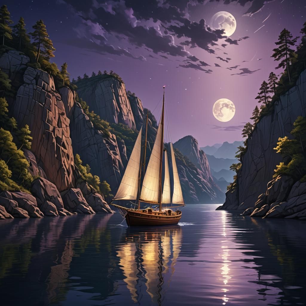 Golden Moonlit Sailboat on Calm Water, Digital Art