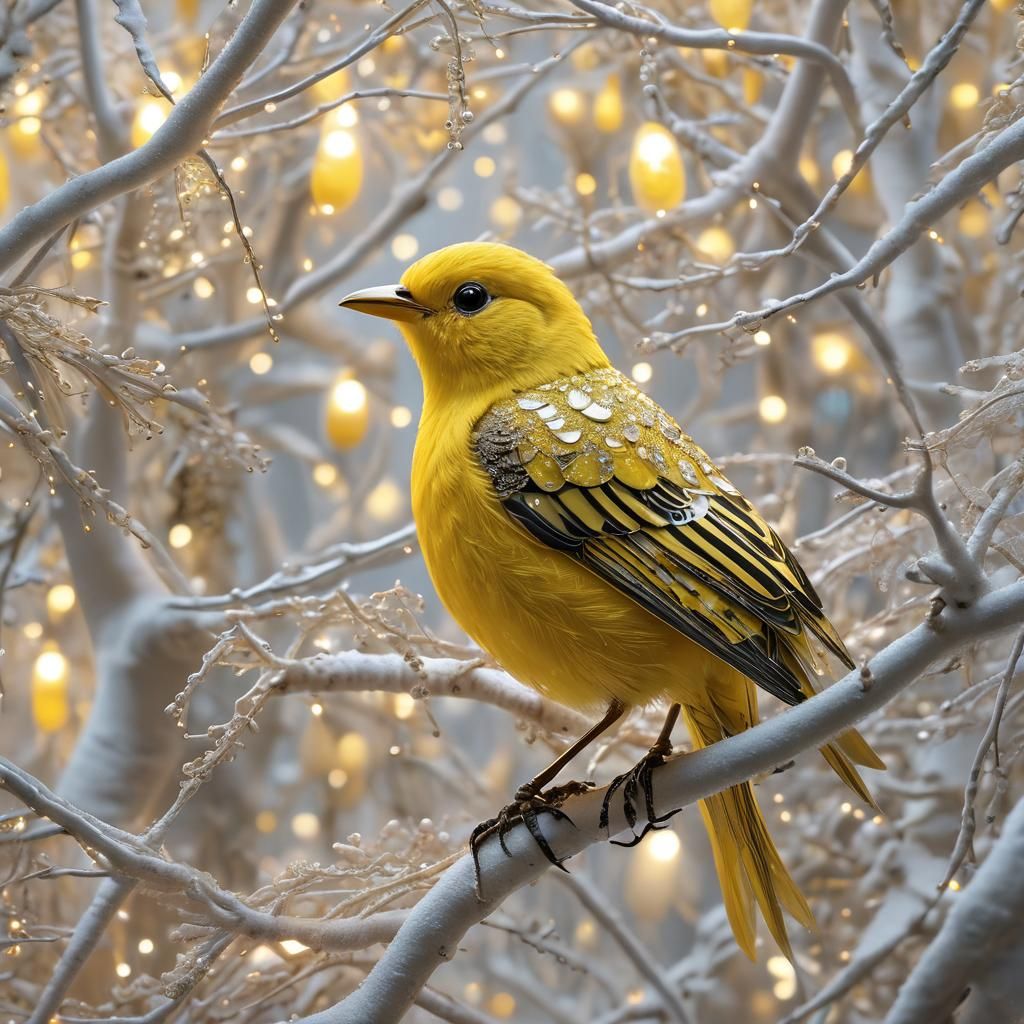 Shimmering Yellow Songbird in White Forest