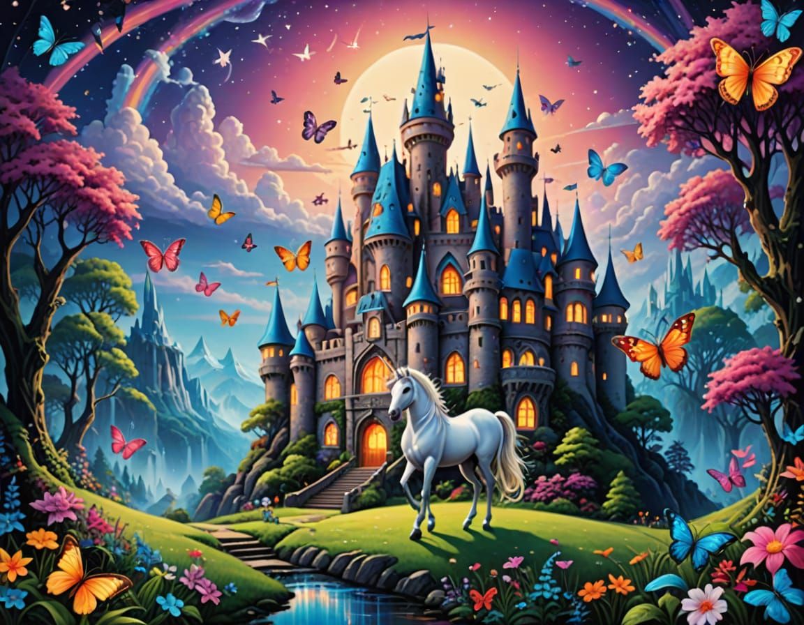 Surreal Castle with Unicorn and Butterfly Friends in Psyched...