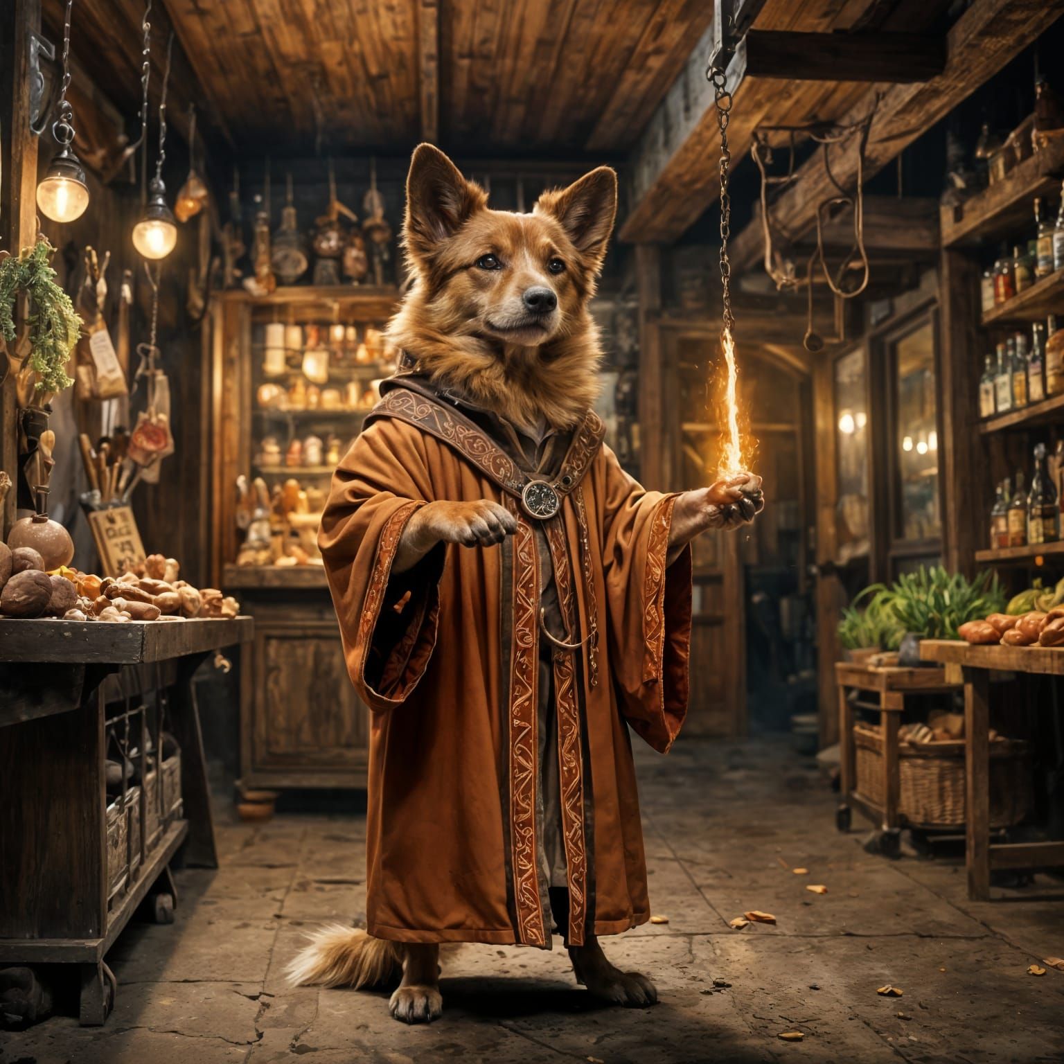 Whimsical Canine Jedi Master Savors Succulent Sausage in Cin...