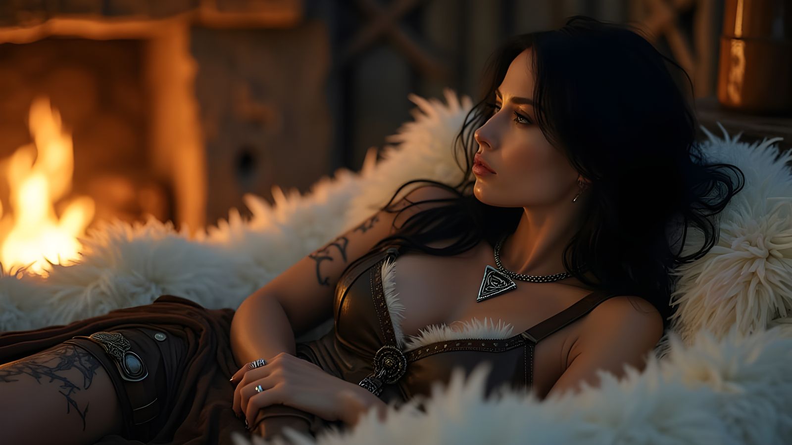 Dark-Haired Viking Warrior in Golden Firelight