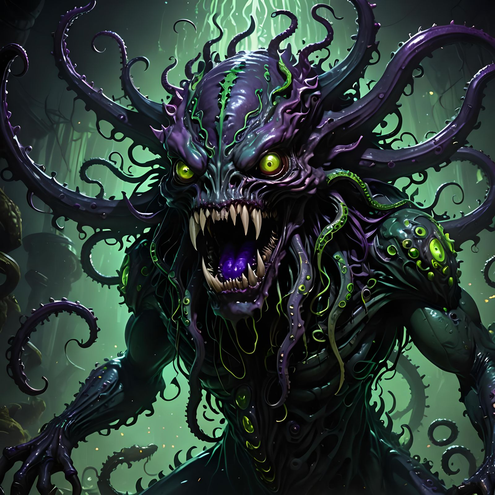 Nightmare Monster with Tentacles in Dark Landscape