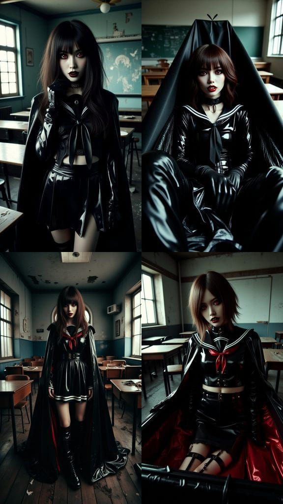 Gothic Asian Vampire Emerges in Decayed Classroom