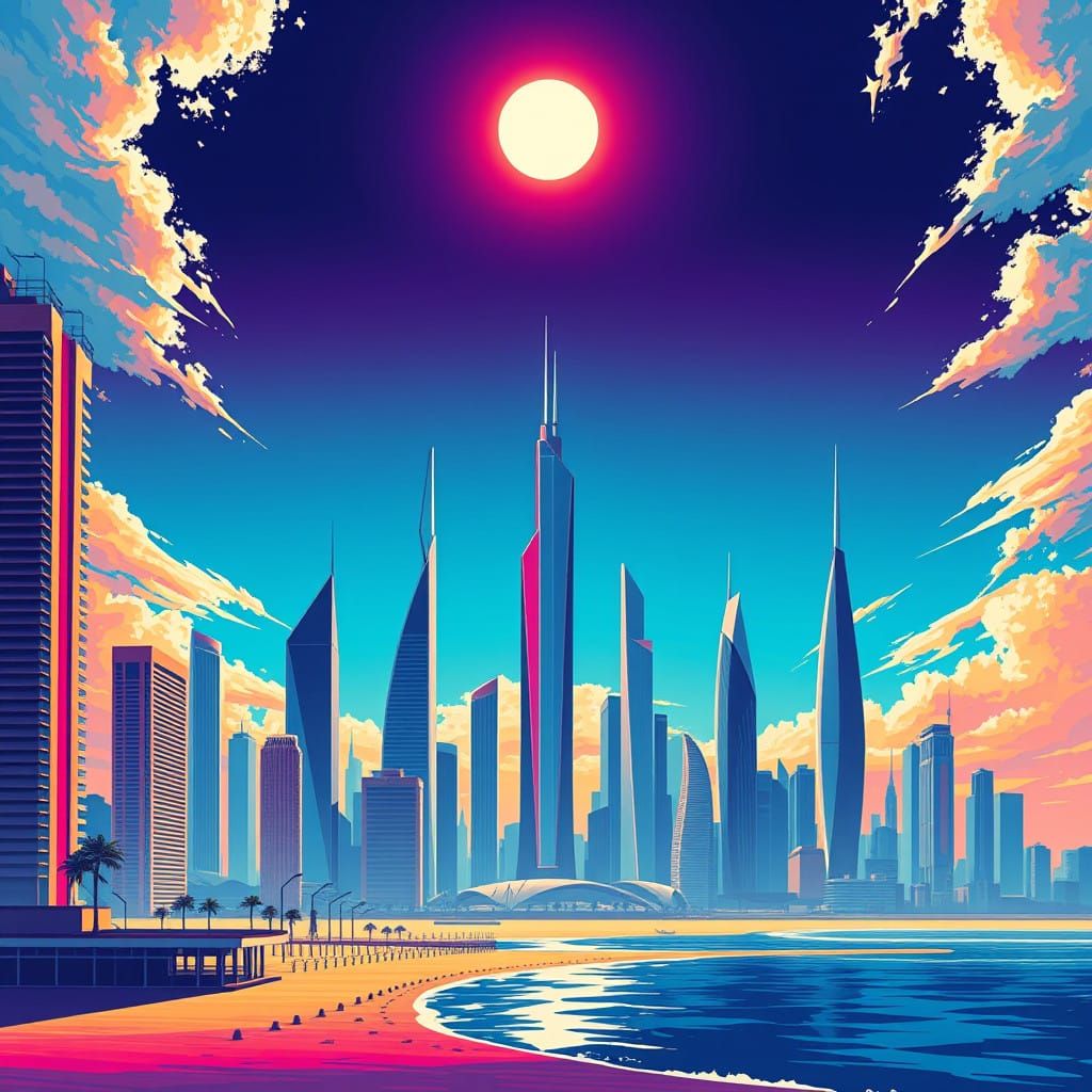 Cyberpunk Beach Metropolis in Vibrant Triadic Hues