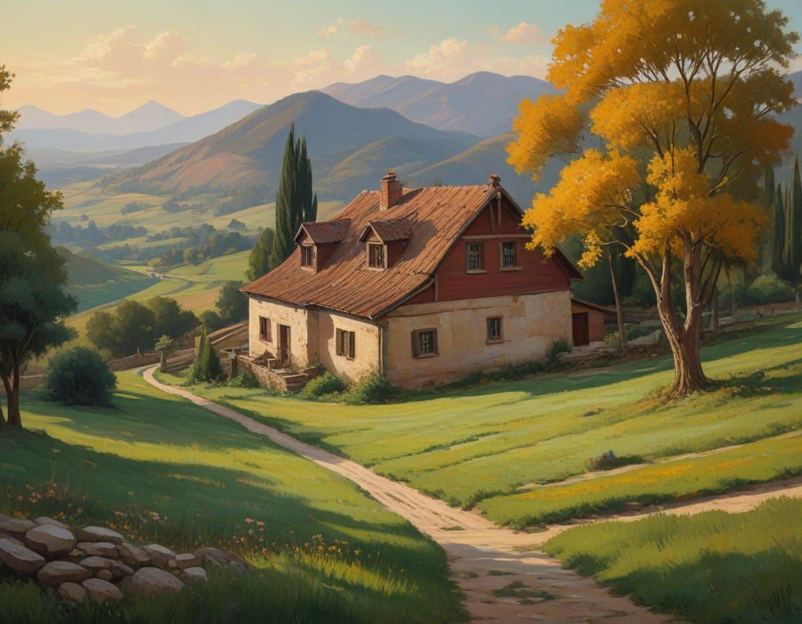 1800s Spanish Farm Landscape in Vivid Oil Painting Style