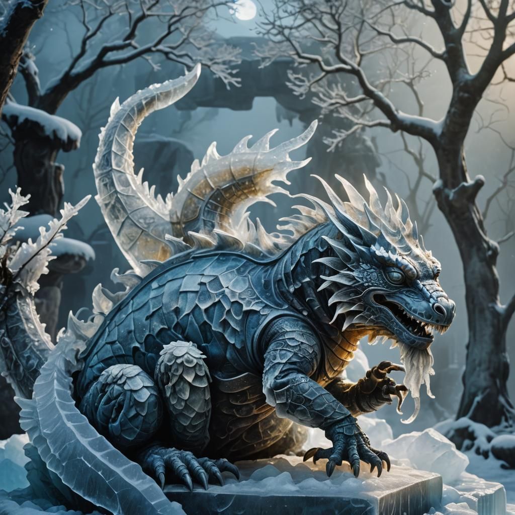 Icy Samurai Lizard Statue in Frozen Garden