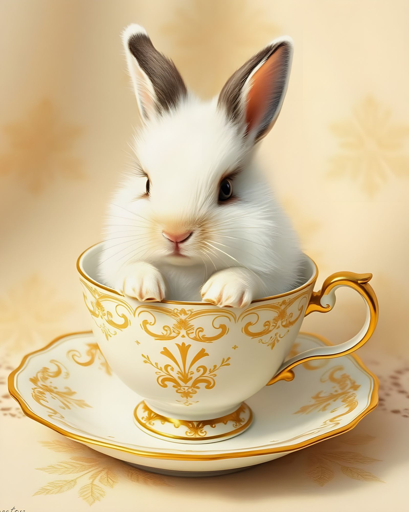 Tiny White Lionhead Rabbit in Delicate Teacup