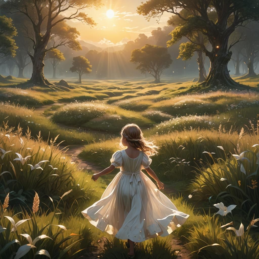 Dreamlike Girl and Ethereal Lord in Golden Sunrise