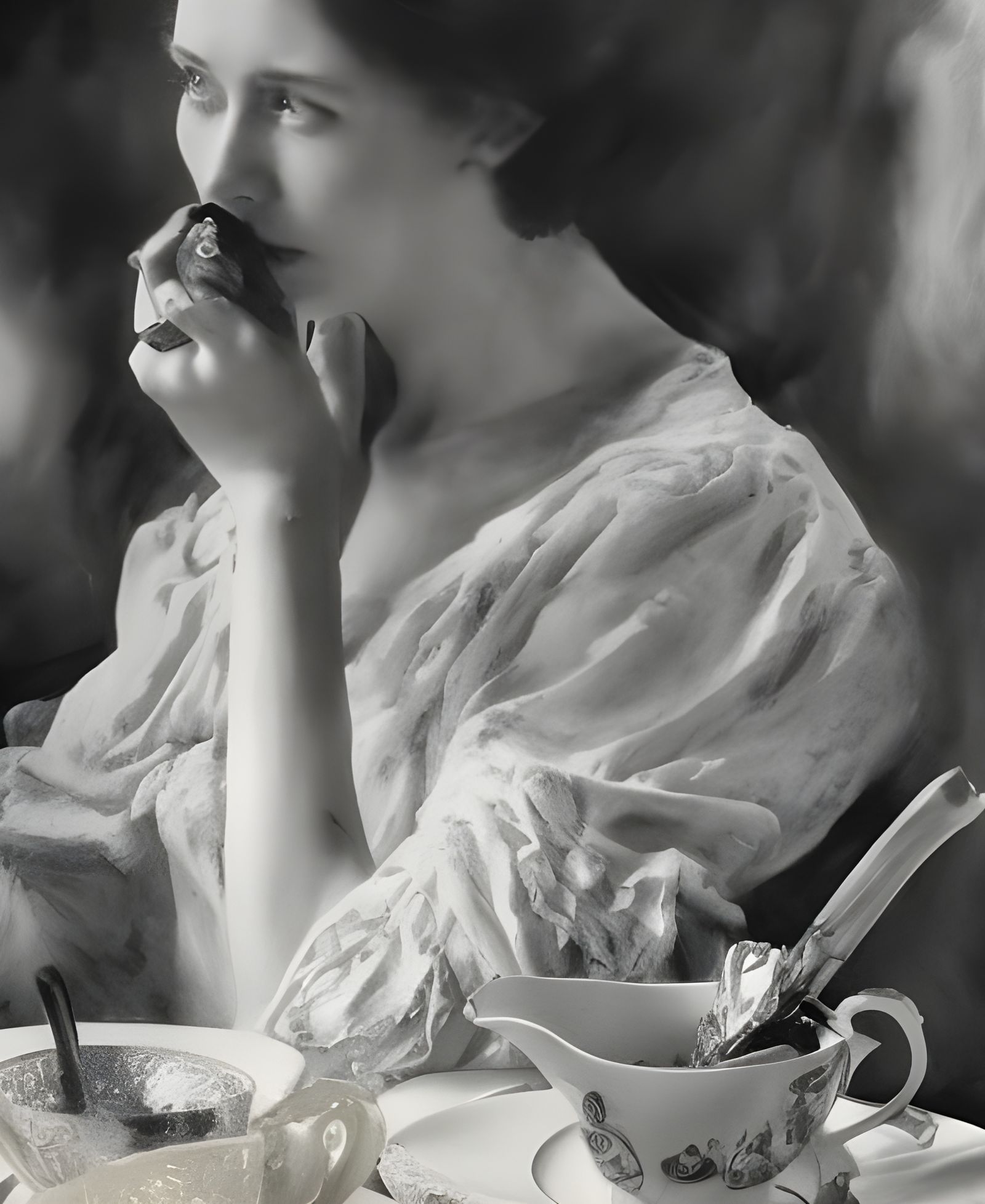 Beautiful Woman Enjoying Tea in Cafe: Photorealistic Portrai...