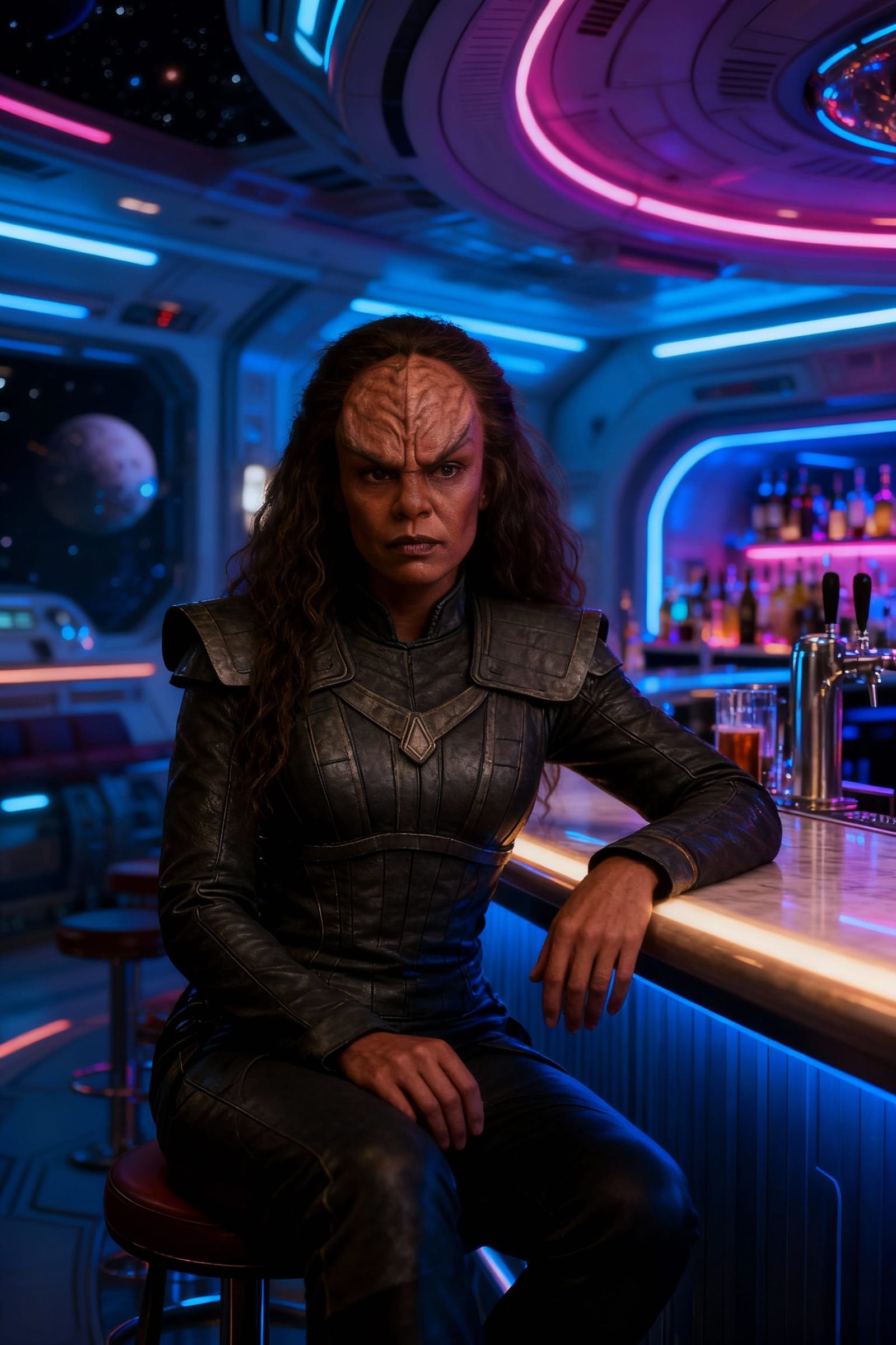 Attractive Woman Sits at Space Station Bar