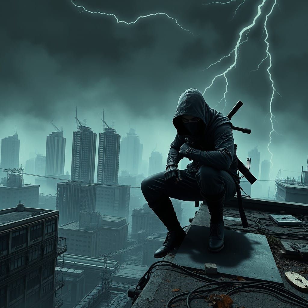 Stealthy Ninja on Dystopian Rooftop in Cyberpunk Cityscape