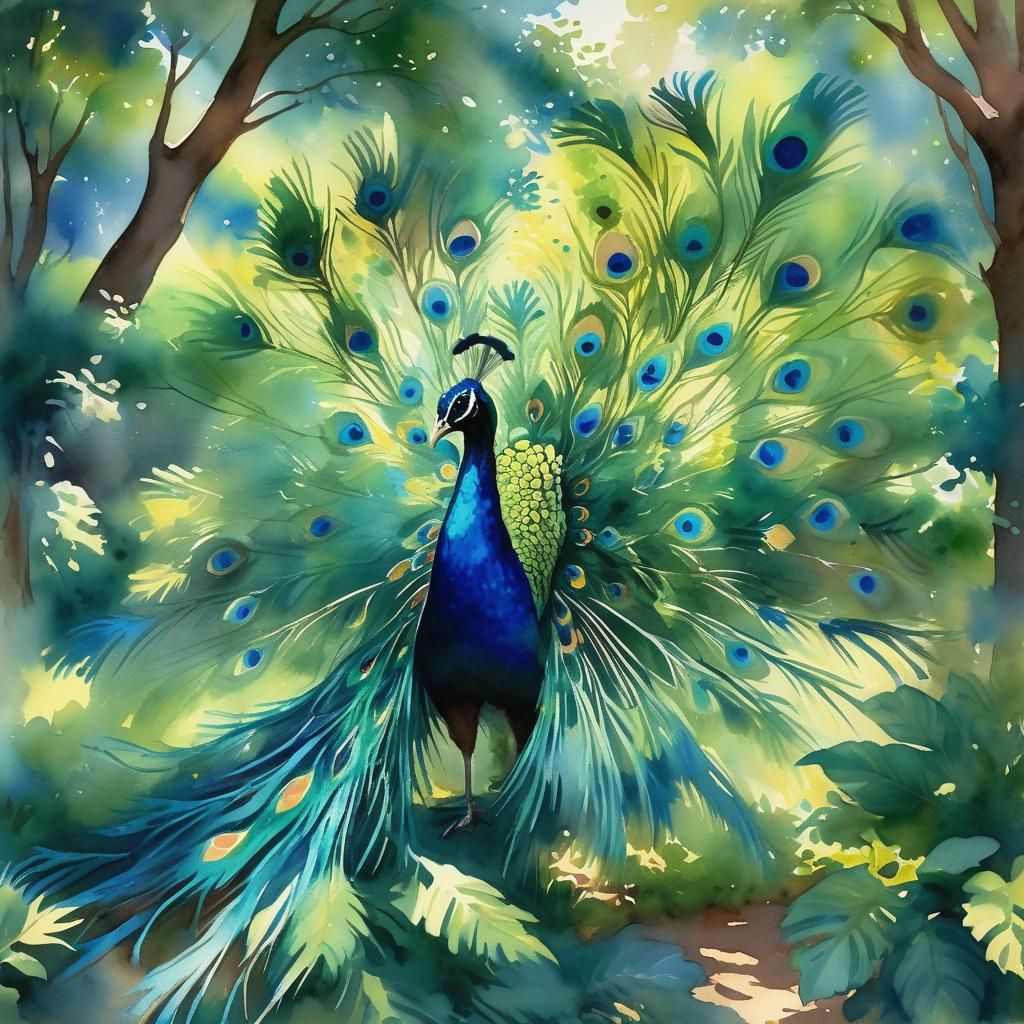 Blue Peacock in Impressionist Watercolor Garden