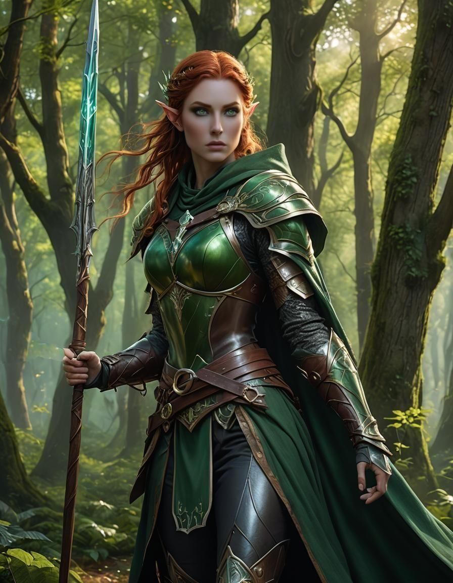 Auburn Haired Elf Warrior in Forest, Hyperrealistic Art