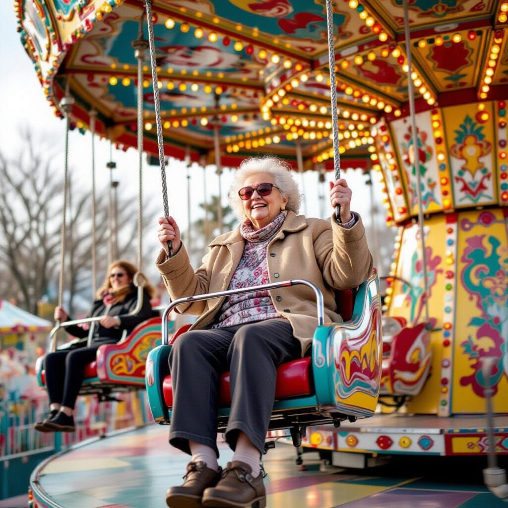 Whimsical Carnival Ride: An Older Woman's Joyful Adventure