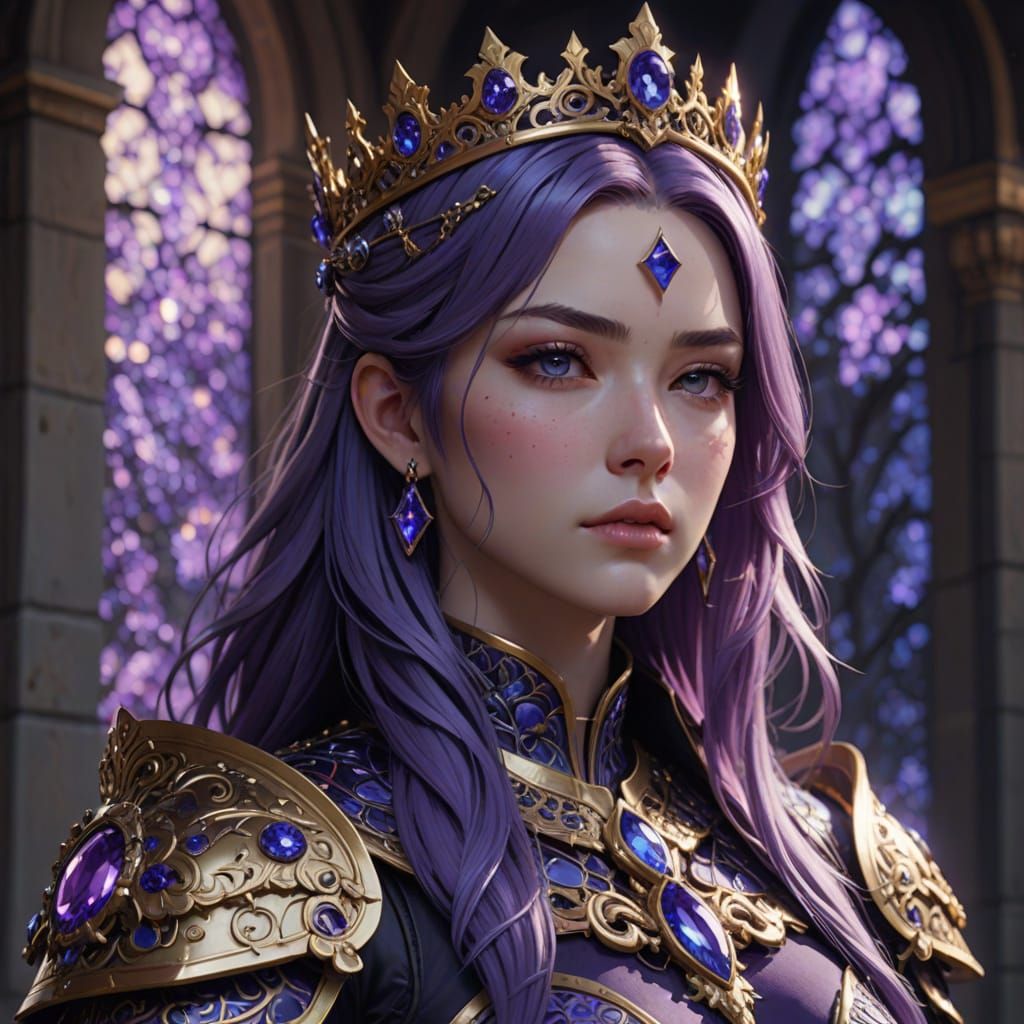 Young Queen in Ornate Armor and Violet Hair
