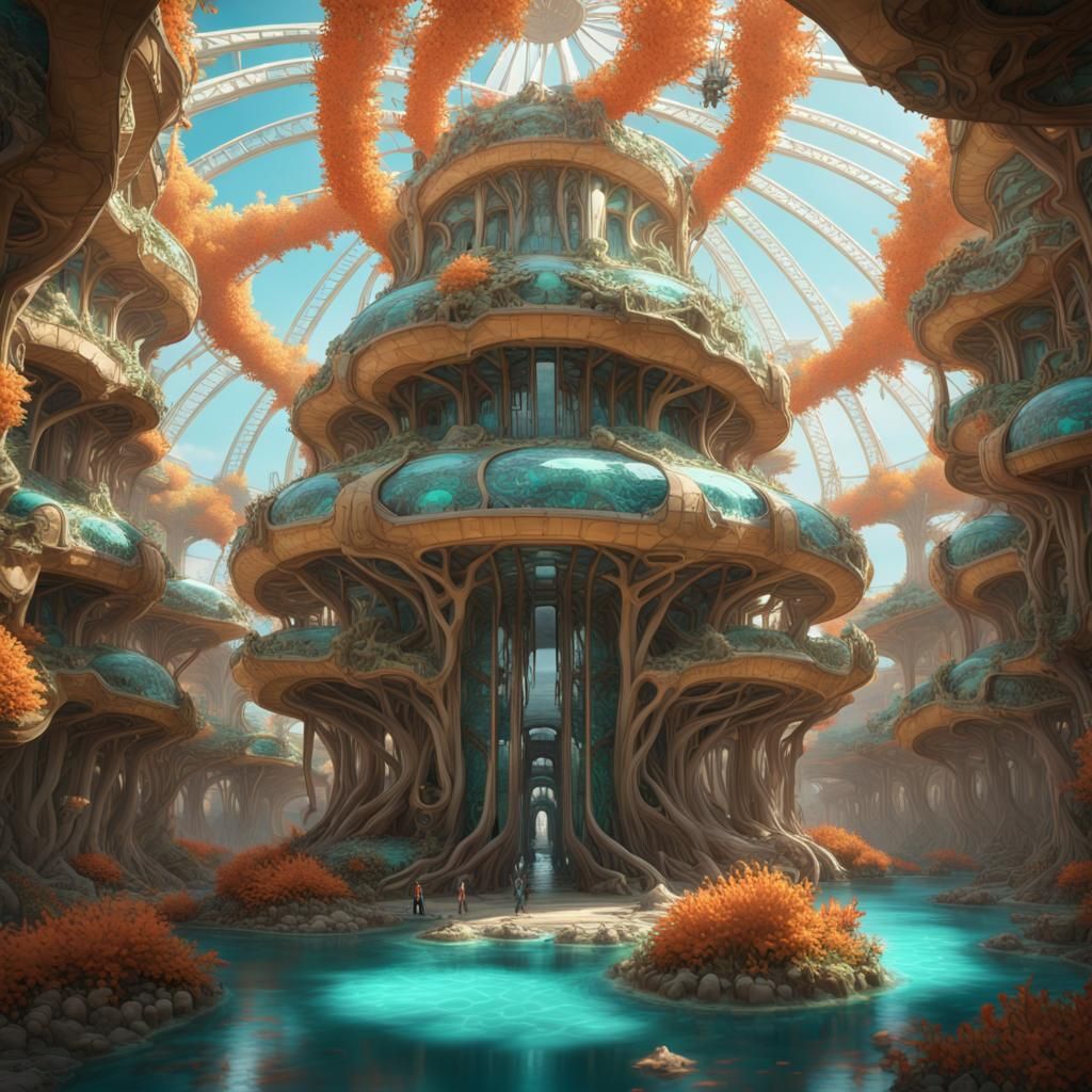 Mushroom Coral Arcology in Solarpunk Style