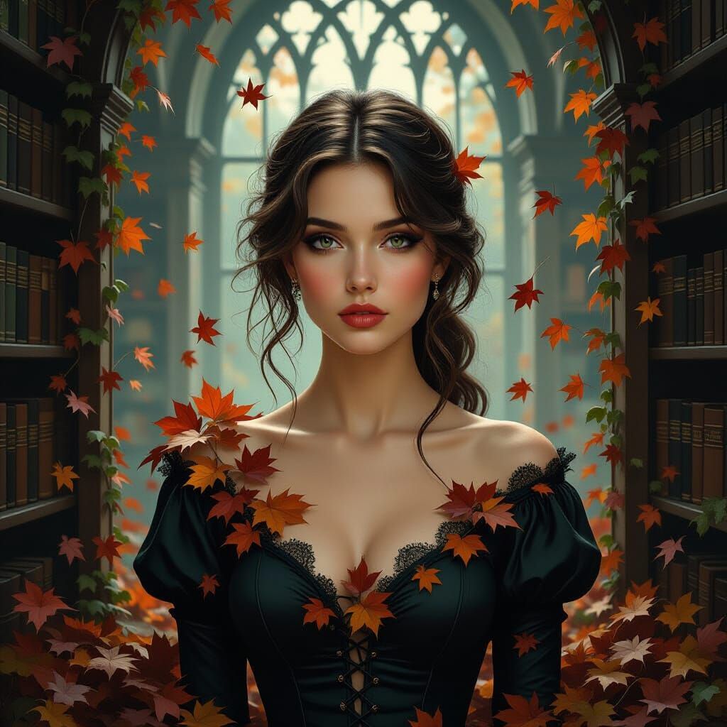 Melancholic Woman Merges With Autumn Leaves in Gothic Librar...