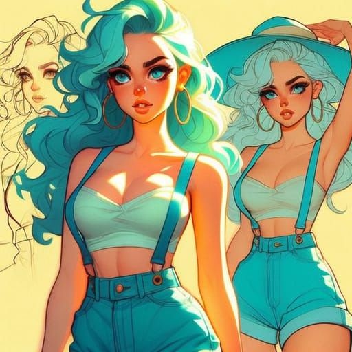 Vibrant Tropical Pin-Up Girl with Mint-Blue Hair