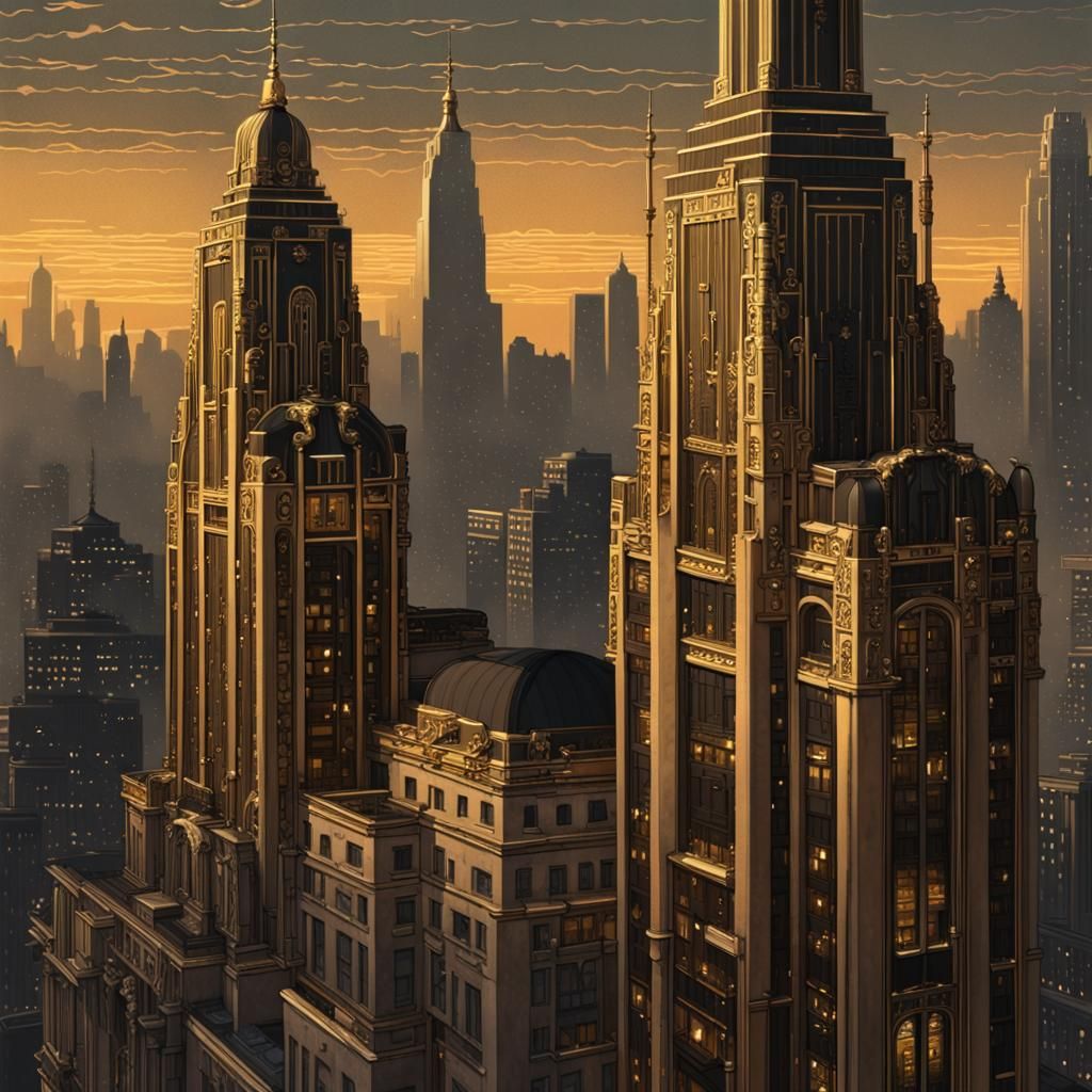 Art Deco Cityscape in Gold and Black Hues