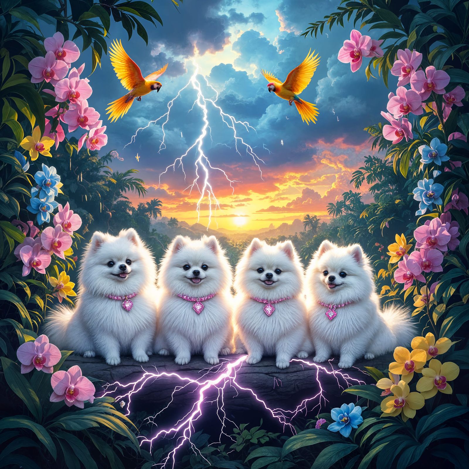 Pomeranians on Lightning Amidst Jungle Storm