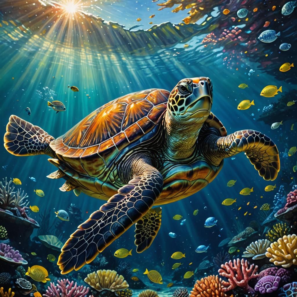 Enchanted Giant Turtle in Underwater Reef