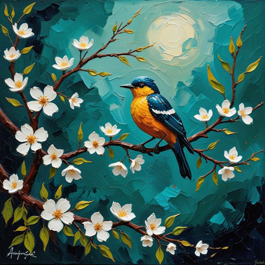 Expressive Impasto Painting of Blossom Tree Bird in Dynamic ...