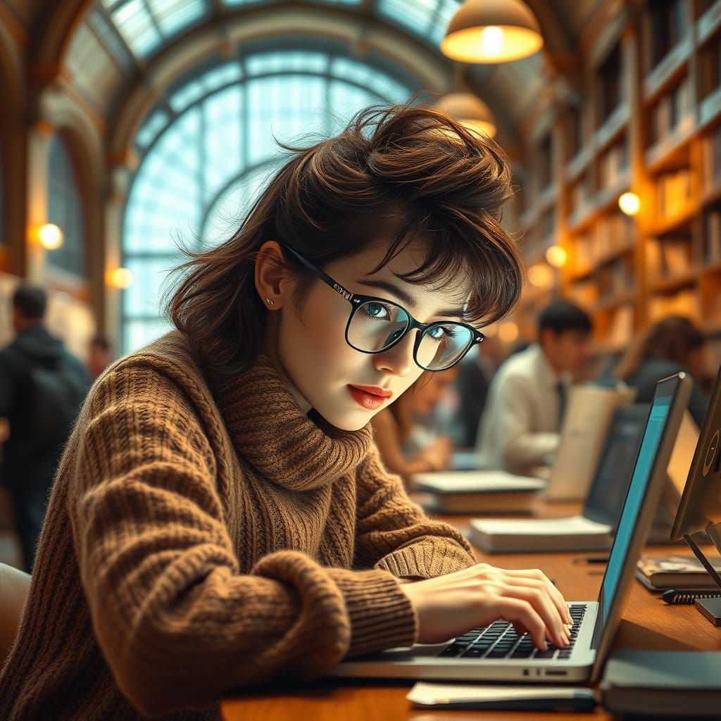 Woman in Library Cafe, Digital Art Style