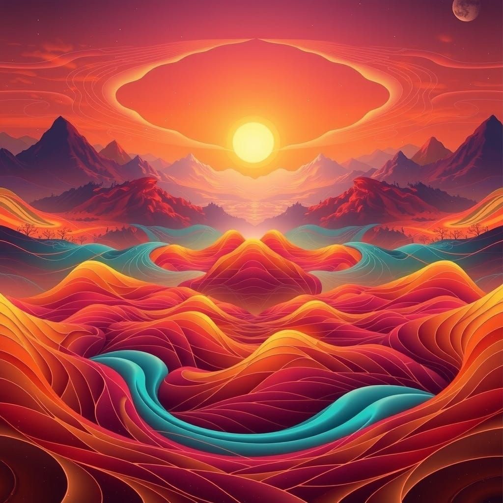 Vibrant Fractal Landscape with Symmetrical Flames