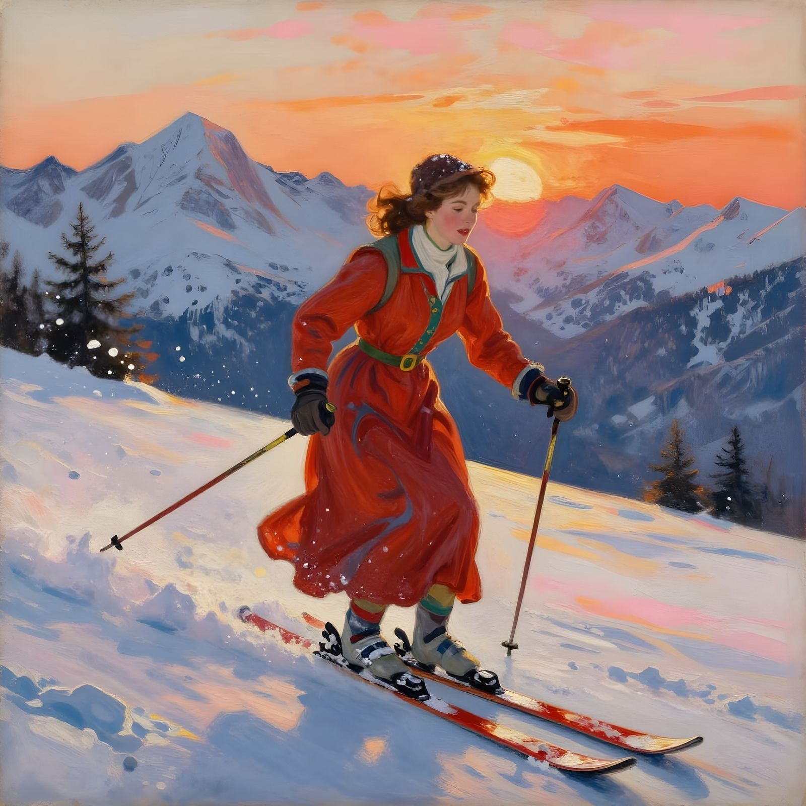 Woman Skiing Down Swiss Alps in 1910s Style