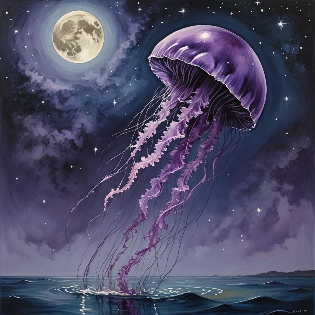 Lonely Purple Jellyfish in Starry Night