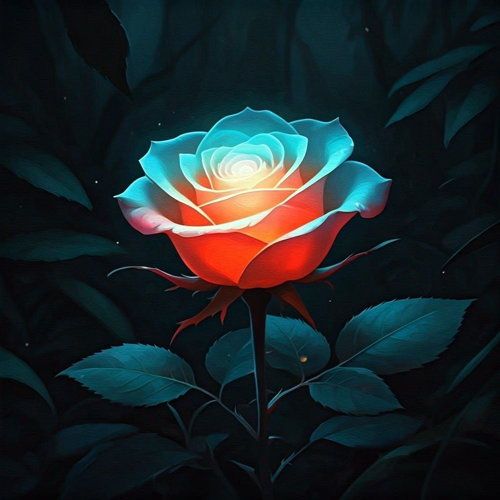 Bioluminescent Rose Illuminates Dark Forest as Oil Painting