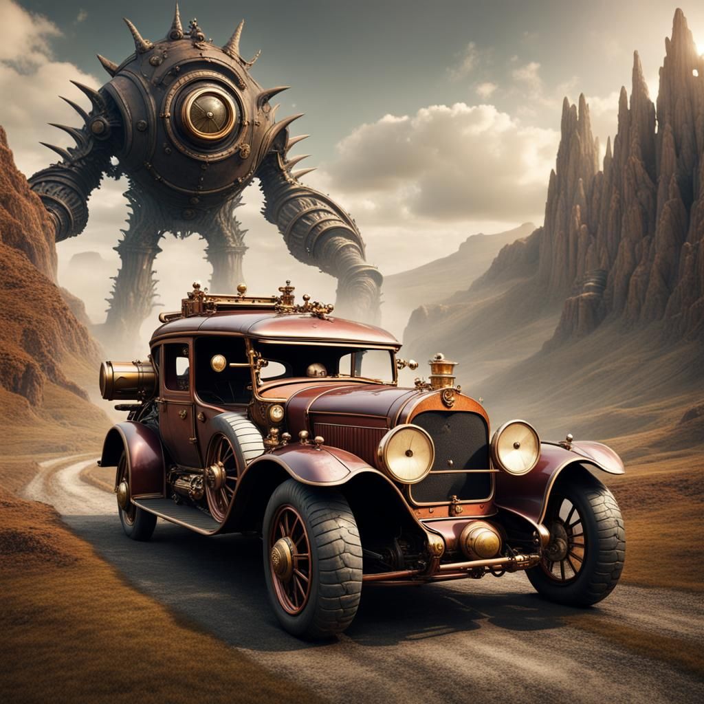 Vintage Steampunk Monster Car in Fantasy Landscape