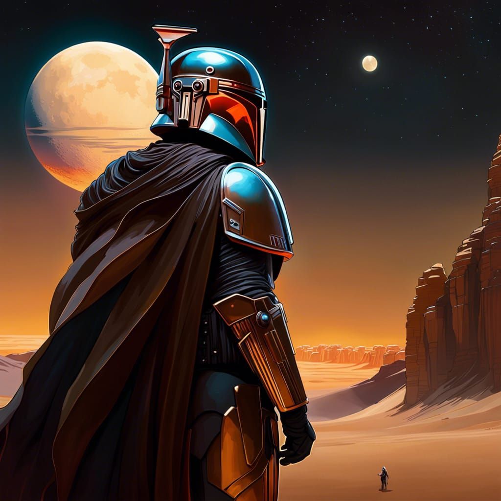 Mandalorian on Desert Planet Under Full Moons