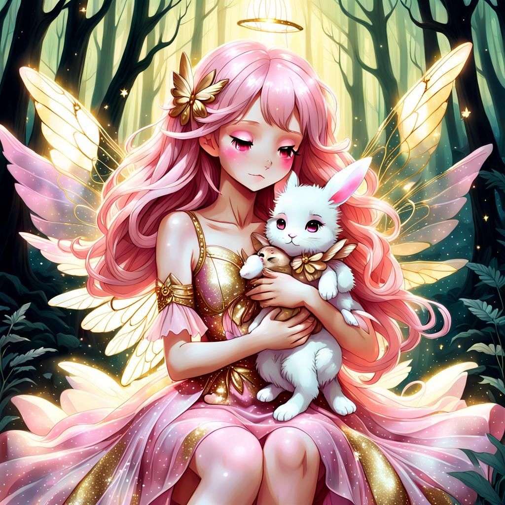 Pastel Fairy with Bunny in Enchanted Forest