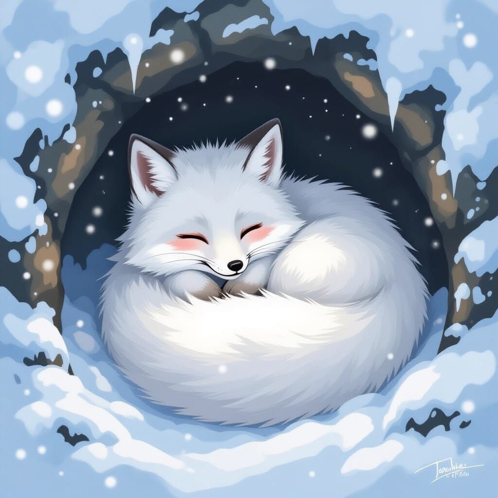 Cute White Fox Asleep in Snowy Den