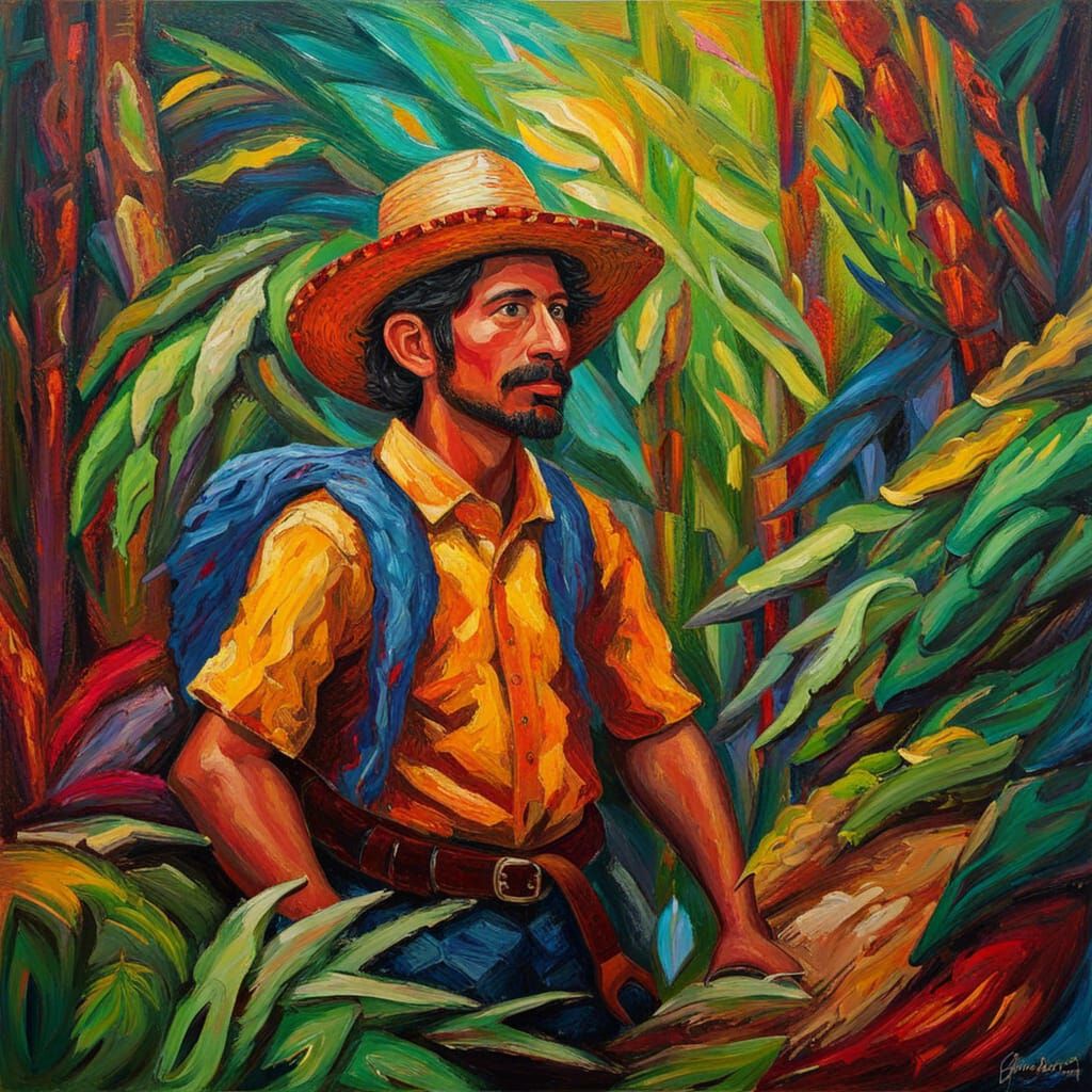 Latino Explorer in Jungle, Neo-Impressionist Oil Painting