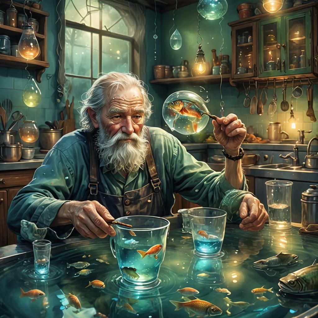 Whimsical Fisherman in a Glass Cup, Fantasy Art