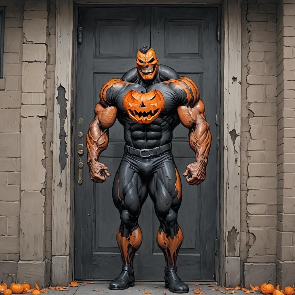 Giant Jack-o'-Lantern Bodybuilder Knocks on Door