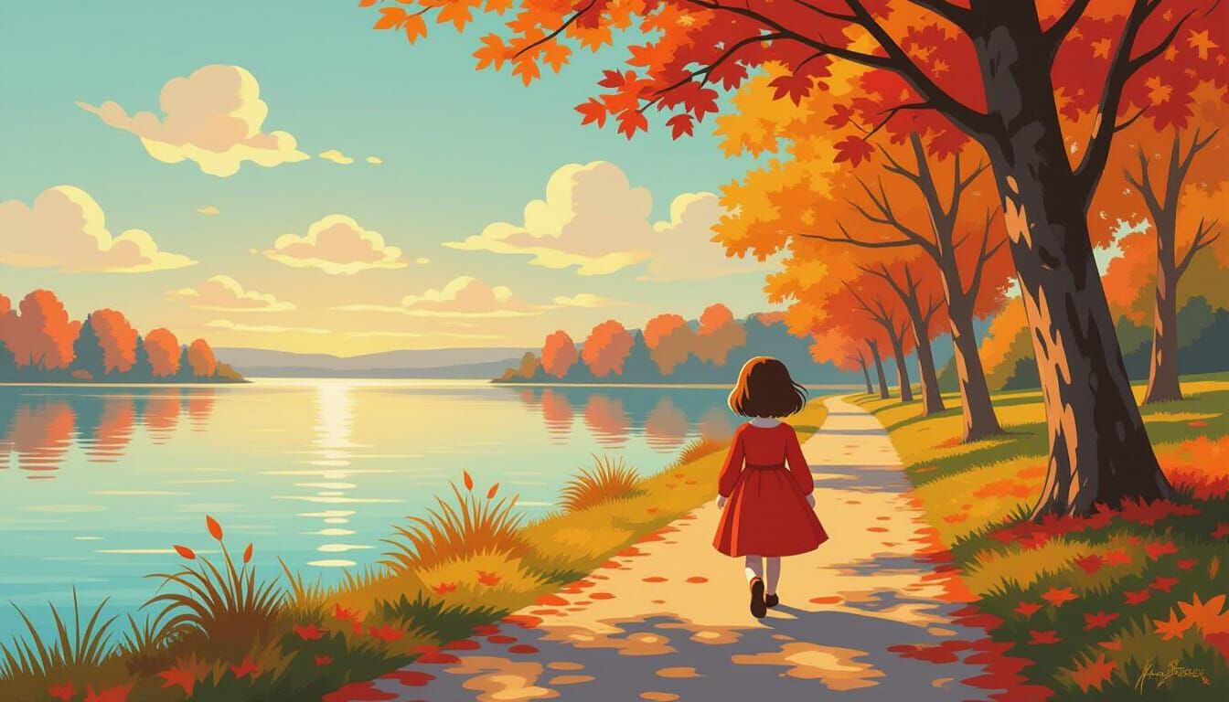 Girl in Red Dress by Lakeside Path in Autumn