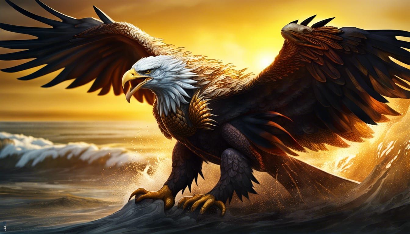 Hyperrealistic Eagle-Dragon Hybrid in Golden Light