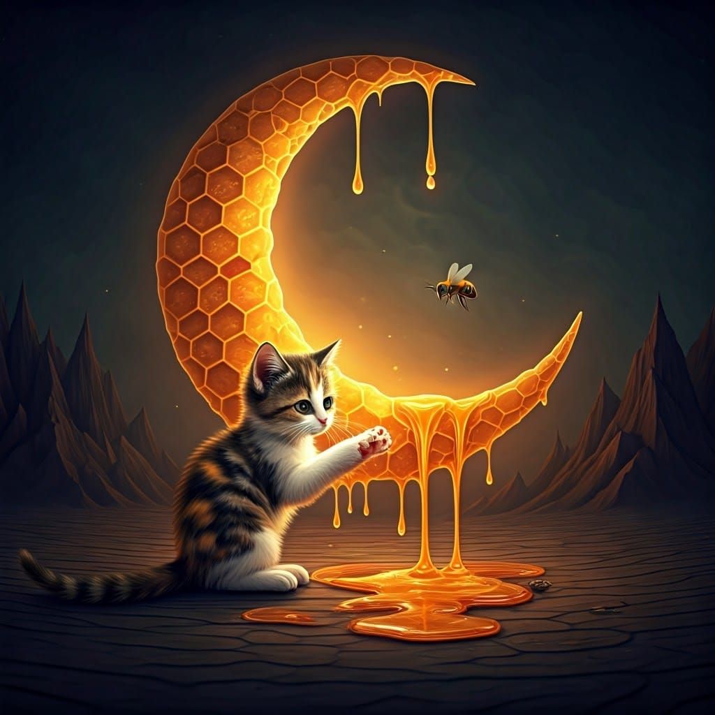 Kitten and Honeycomb Moon in Mythical Landscape