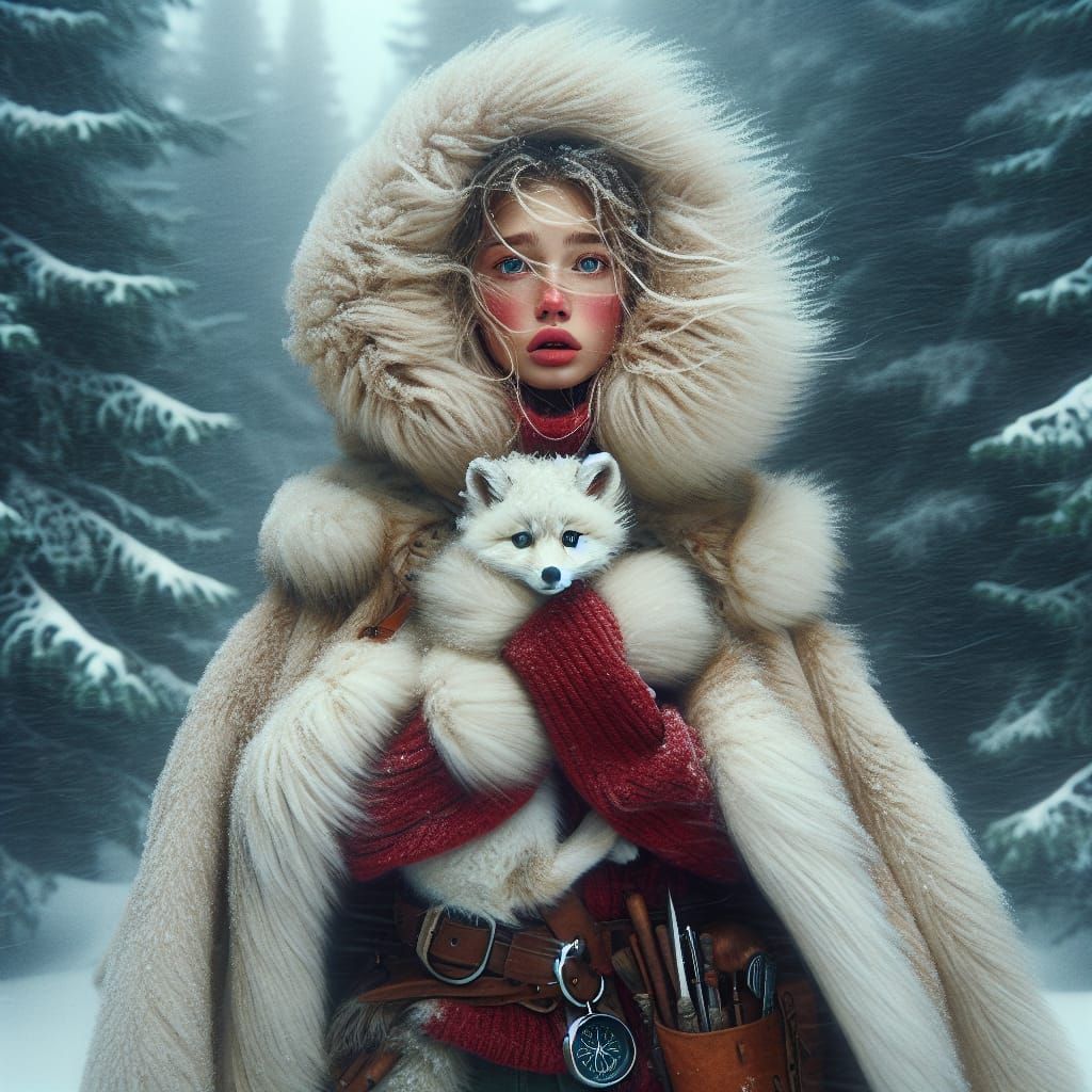 Young Adventurer Embraces Stormy Wilderness in Warm Fur Cloa...